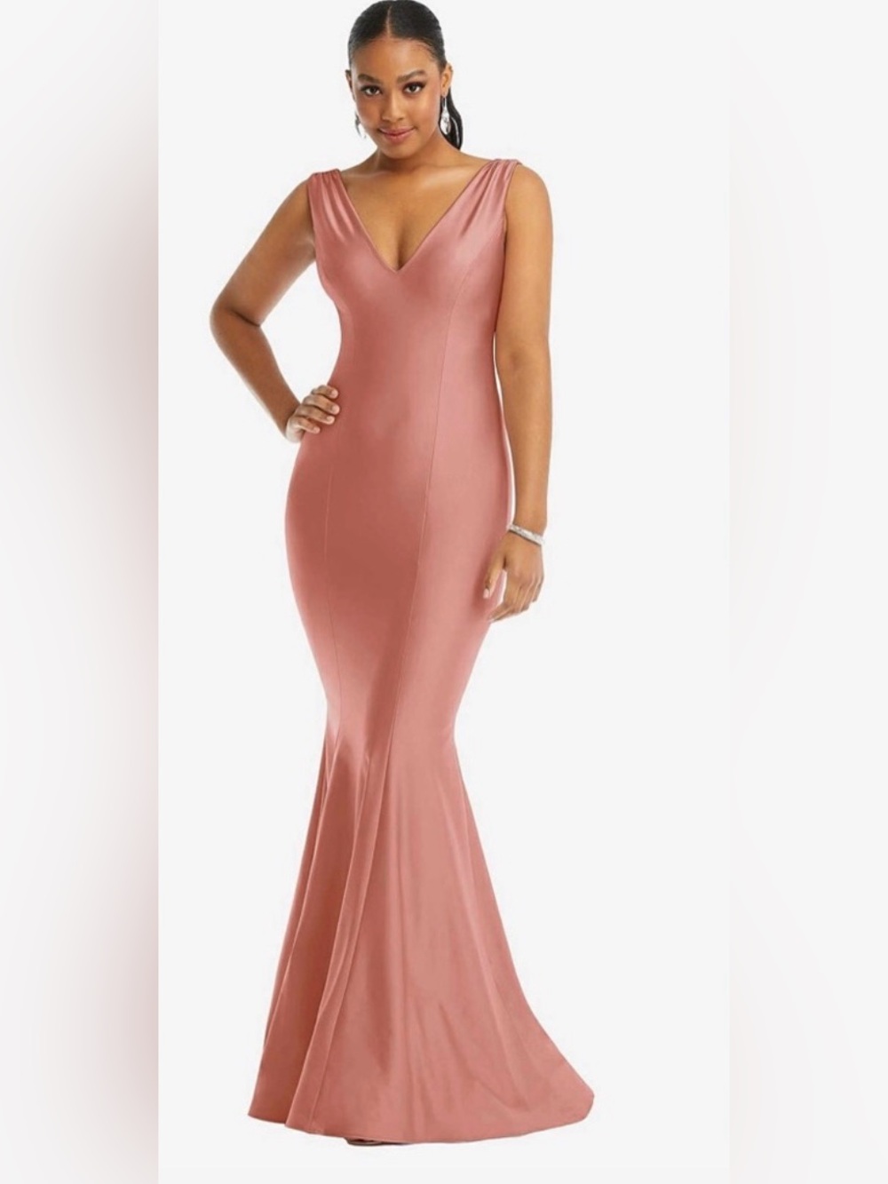 Cynthia & Sahar Shirred Shoulder Stretch Satin Mermaid Dress in Desert Rose